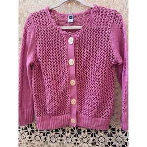 Gap Womens Pink Open Knit Crochet Cotton Cardigan Sweater Button Front Medium